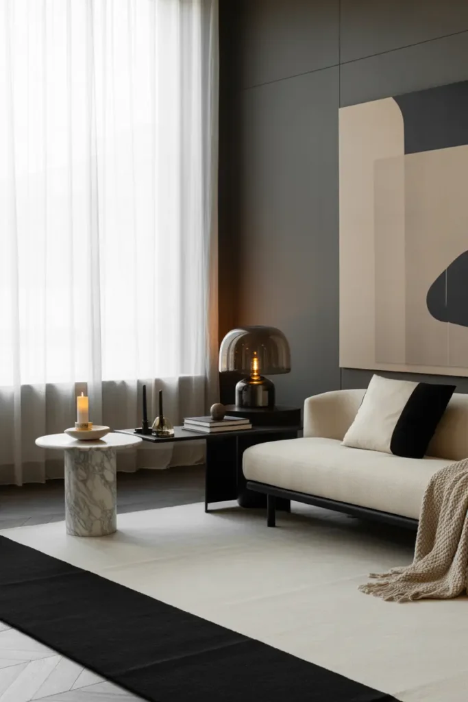  minimalist luxury living room with a monochrome rug, soft diffused window light, black, ivory, and warm grey palette, low profile sofa, marble side table, smoked glass lamp, abstract wall art, books, candles, wool throw, wide shot, clean layered layout, crisp lines, realistic textures, and elegant high end Pinterest interior styling.