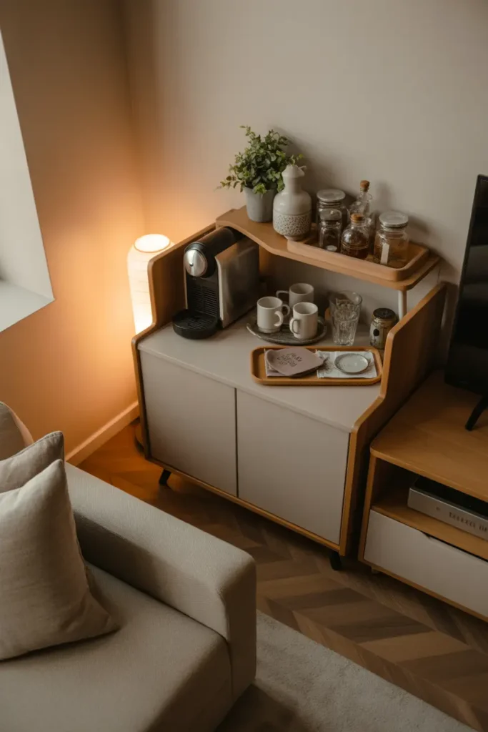  Modern cozy living room corner with compact coffee station, warm ambient lighting, neutral and wood tones, small cabinet with coffee machine, mugs, jars, decorative tray, plants, soft rug, inviting and functional mood, angled corner shot showing organized setup, layered textures, and practical styling in a small apartment space.