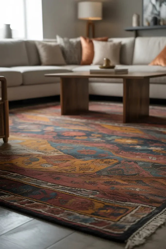 Modern living room with bold patterned rug as focal point, soft natural lighting, neutral sofa with contrasting vibrant rug colors, wooden coffee table, minimal decor to highlight rug, layered textures, clean layout, balanced composition, cozy yet stylish atmosphere, wide-angle shot emphasizing rug placement and visual contrast within the space.
