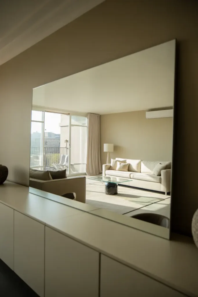 Modern living room with large mirror reflecting natural light, soft daylight streaming through window, neutral palette with light tones, minimal furniture, sleek sofa, glass table, airy and open atmosphere, mirror placed strategically to expand space visually, wide-angle shot capturing reflection, brightness, and spacious illusion.