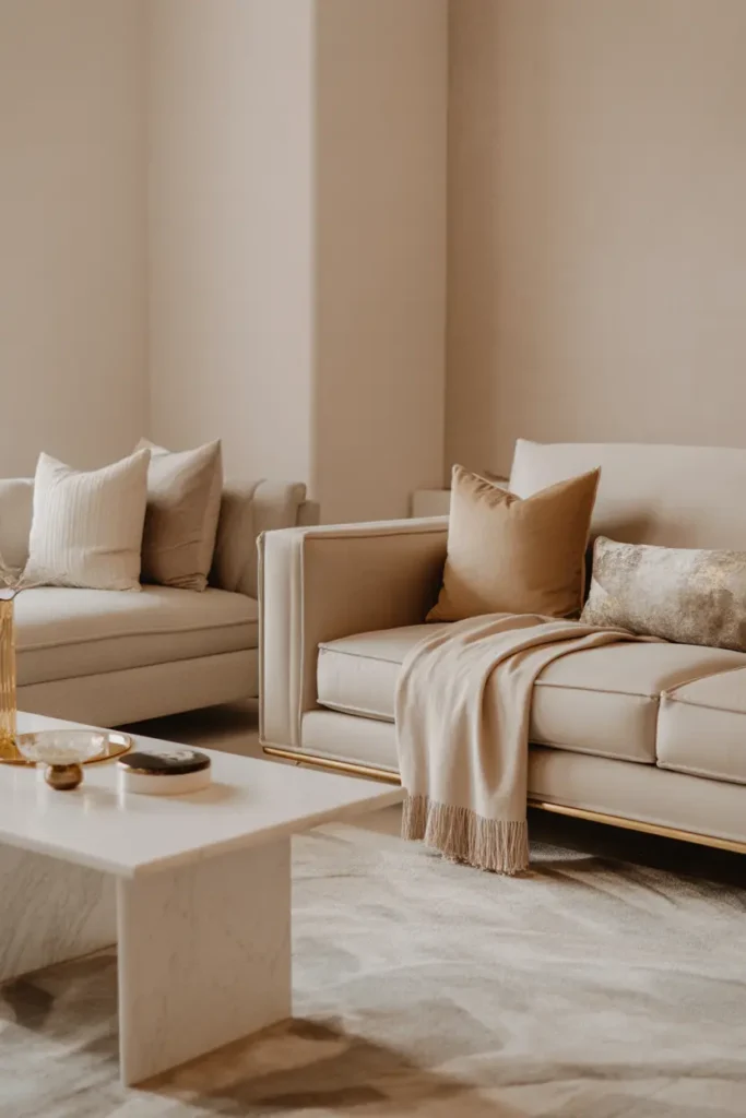  Modern luxury-inspired living room with neutral tones, soft warm lighting, beige and cream palette, velvet sofa, gold accents, marble coffee table, soft textured rug, elegant decor styling, minimal yet refined setup, cozy upscale atmosphere, wide-angle shot capturing soft lighting, textures, and balanced luxurious composition.