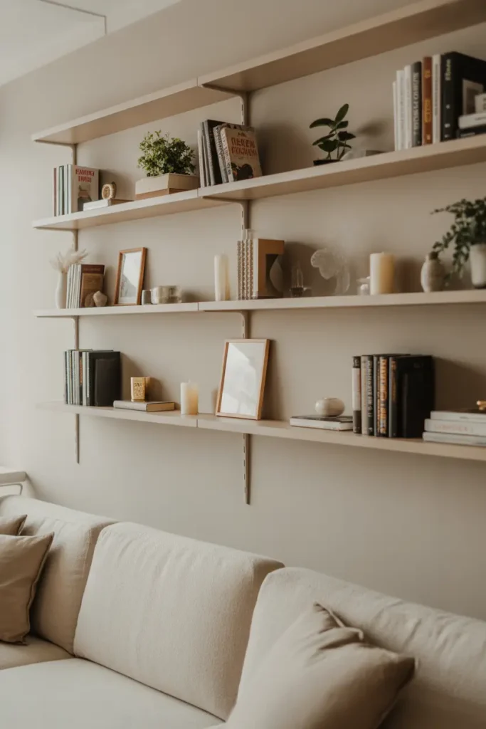  Modern minimalist living room with floating wall shelves, soft natural daylight, neutral beige and white palette, light wood shelves with books, small plants, candles, framed art, linen sofa below, clean and airy composition, balanced spacing, soft shadows, eye-level shot focusing on styled shelves with layered decor and subtle depth.