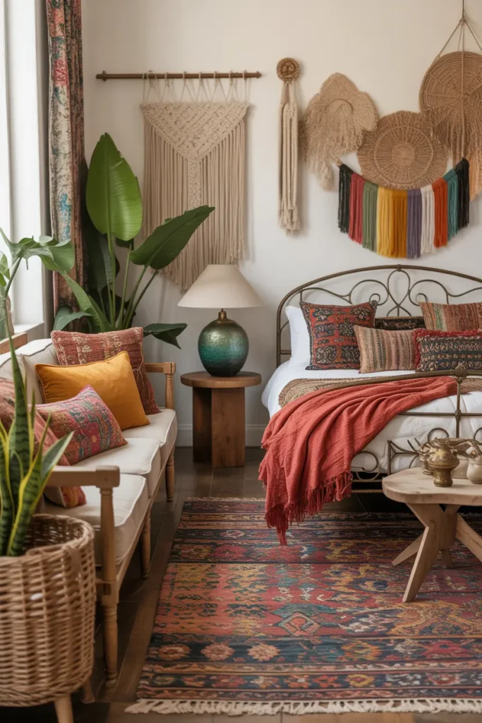 n eclectic bohemian living room and bedroom combo with a rich mix of colors, textures, and patterns. The space is full of vibrant textiles, from patterned throw pillows to a colorful rug. The bed has a wrought iron frame, while the sofa features a variety of pillows in earthy tones. A mixture of wooden and metallic furniture brings character to the room. Layered textures like woven baskets, macramé wall hangings, and plants add a personal touch, creating a cozy and inviting atmosphere.