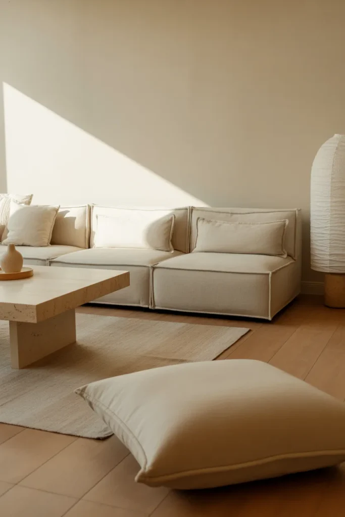 A Japandi-inspired living room with low-profile seating, soft morning natural light, warm beige and oat palette, oak flooring, linen modular sofa, floor cushion, travertine table, paper lamp, textured rug, and minimal ceramic styling. Wide eye-level shot with layered foreground decor, soft shadows, realistic fabric folds, open layout, and a calm, airy, grounded atmosphere.