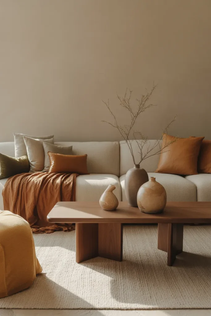 A warm organic modern living room with earthy contemporary styling, soft natural afternoon light, clay, sand, camel, and olive palette, linen sofa, walnut coffee table, textured rug, ceramic vases, dried branches, and layered cushions. Wide eye-level shot with foreground styling, realistic shadows, soft fabric folds, balanced layout, and a cozy, grounded, high-end editorial atmosphere.