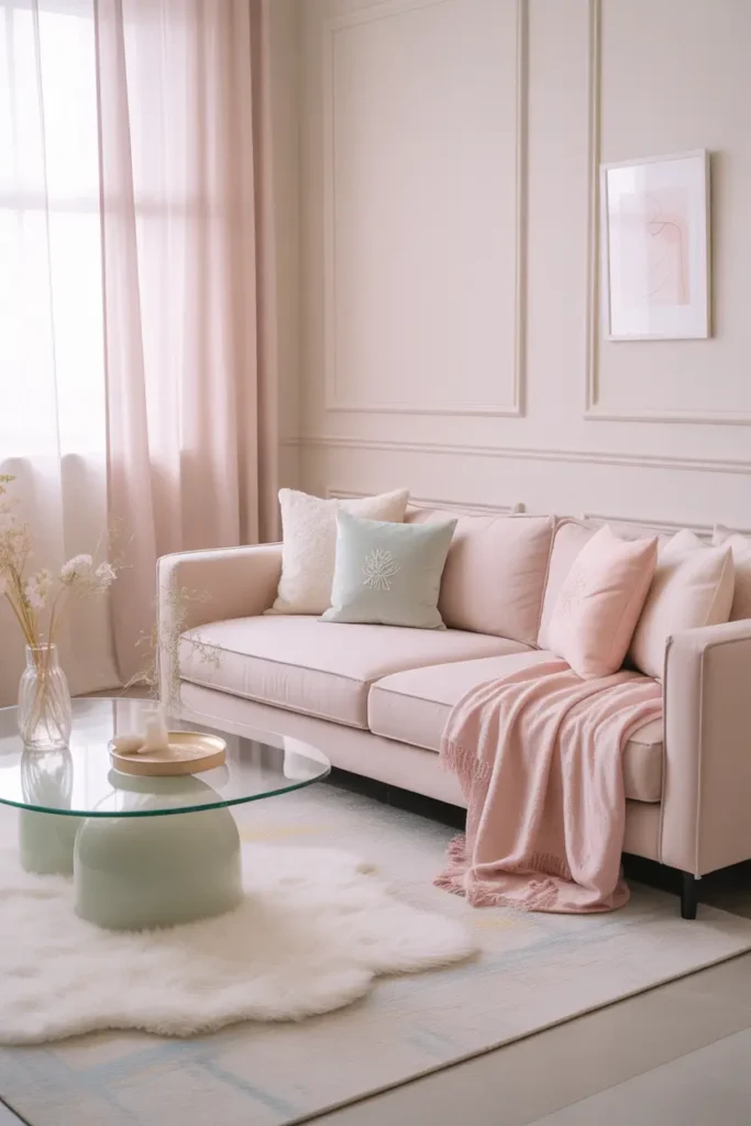 Pastel-themed modern living room with soft diffused daylight, light pink, mint, and cream color palette, plush sofa, fluffy rug, glass coffee table, delicate decor accents, soft cushions, minimal wall art, airy and fresh mood, clean and elegant styling, wide shot capturing light-filled space with soft textures and gentle color harmony.