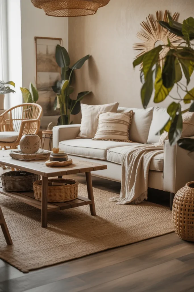  A modern boho-organic living room with soft golden daylight, earthy neutral palette, linen sofa, rattan chair, reclaimed wood table, jute rug, woven baskets, ceramic decor, leafy plants, and layered throws. Wide eye-level interior shot with strong foreground-background styling, realistic texture detail, soft shadows, cozy spacing, and a warm, inviting, editorial Pinterest mood.