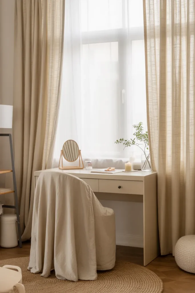 Design a vanity area with a soft pink accent wall and blush-toned decor elements. Pair a white marble vanity table with a plush velvet pink chair for an added touch of luxury. The space is bathed in soft, natural light that enhances the soft pink hues in the room. Add gold accents in the form of a round mirror, tray, and decorative items like candles or perfume bottles. The layout should feature a cozy, elegant feel, showcasing the rich textures and the calming atmosphere of the pink tones.