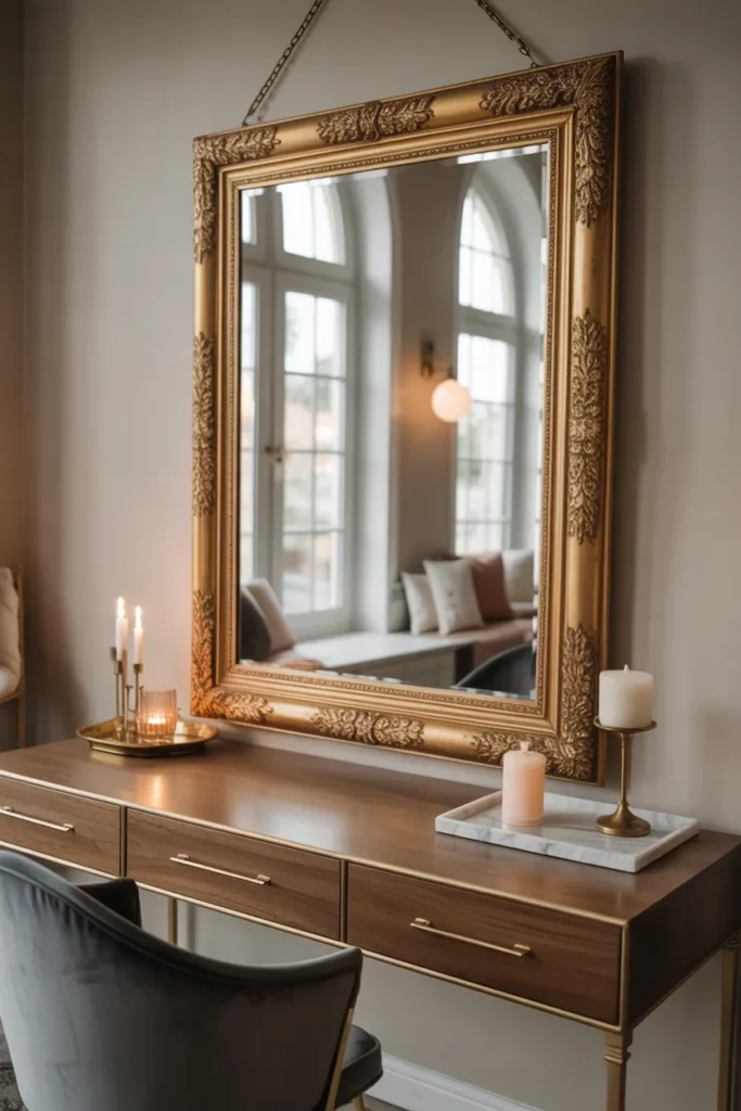 Create a charming vintage-inspired vanity space with a large wooden mirror framed in intricate, detailed carvings. The wood finish is warm and rustic, with natural imperfections that add character to the piece. Pair it with a distressed wooden vanity table and a soft linen chair. Soft, diffused natural light spills over the room, highlighting the textured surfaces. Include antique-style decor elements like brass candle holders, old books, and a plant in a ceramic pot. The setup should feel cozy and inviting with an elegant vintage vibe.