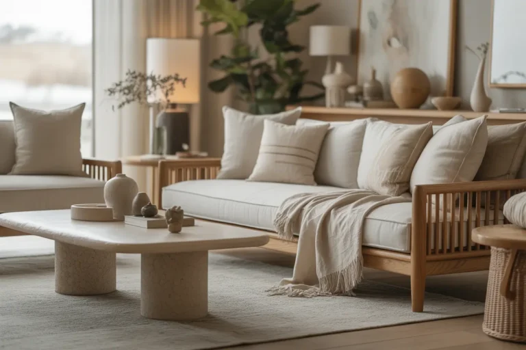 Organic modern living room with neutral tones, wood textures, linen seating, stone table, and cozy layered decor