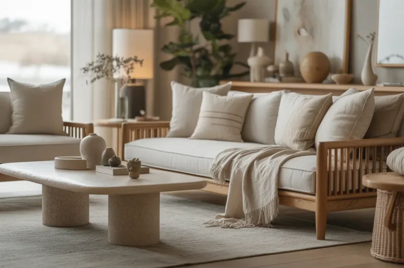 Organic modern living room with neutral tones, wood textures, linen seating, stone table, and cozy layered decor