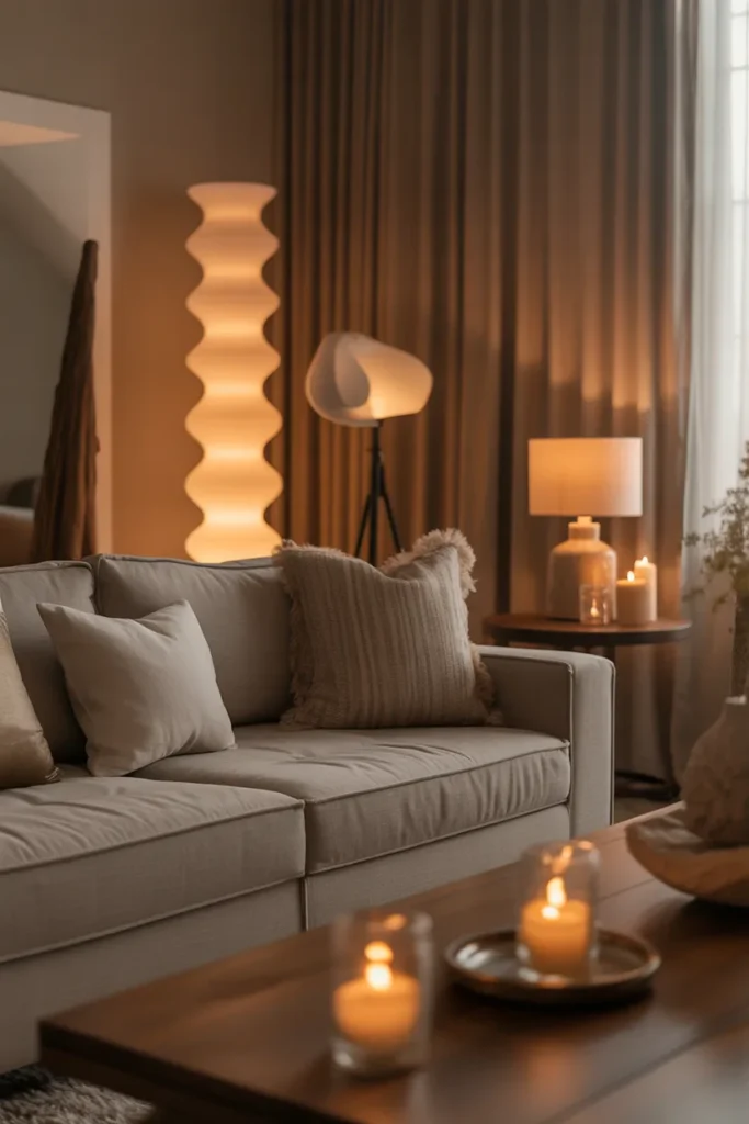 A cozy luxury living room with soft layered lighting, warm ambient glow, taupe and cream palette, linen sectional, sculptural floor lamp, table lamp, candles, textured curtains, wood accents, and plush rug. Evening eye-level wide shot with glowing light pools, realistic shadows, styled foreground objects, and a warm, intimate, elegant Pinterest editorial mood.