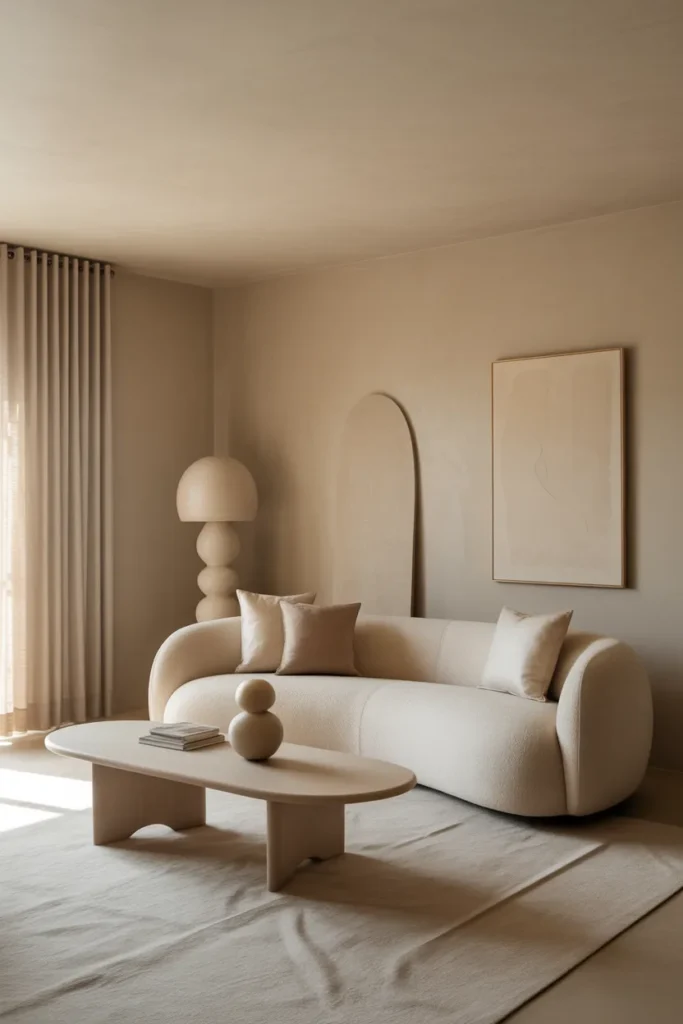 A luxury minimalist living room with rounded-edge furniture, soft diffused daylight, creamy beige and warm stone palette, curved sofa, oval wood table, rounded side table, plaster walls, linen curtains, abstract art, and layered neutral textiles. Wide shot at eye level with realistic soft shadows, fabric folds, styled decor layers, and an airy, elegant Pinterest editorial mood.