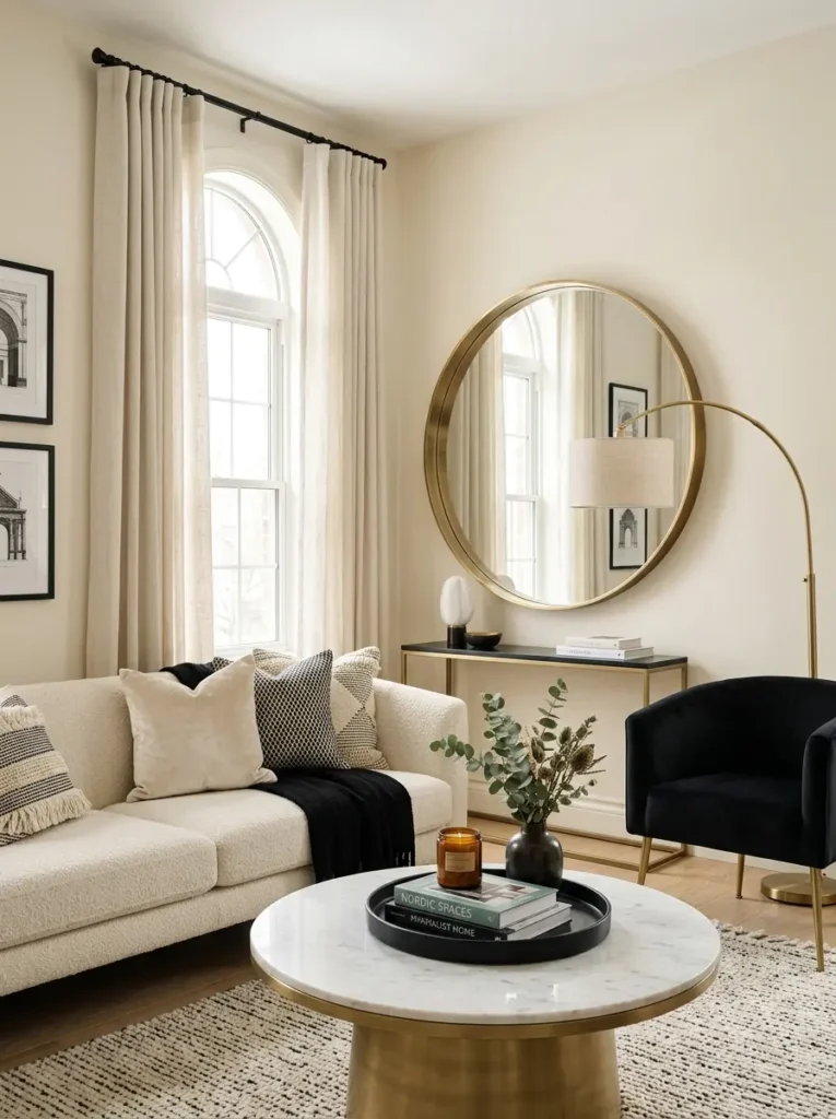Affordable luxury living room design ideas with tall curtains and brass accents