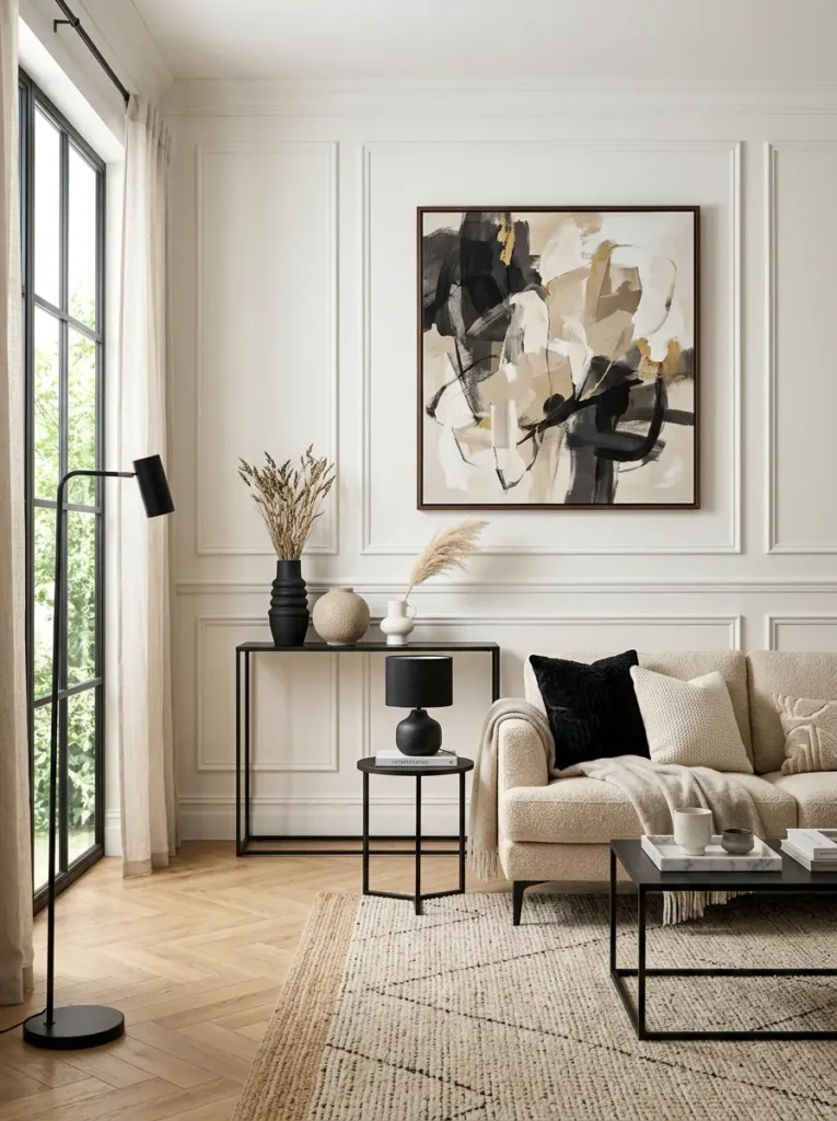 High-end living room design inspiration with wall molding and oversized art
