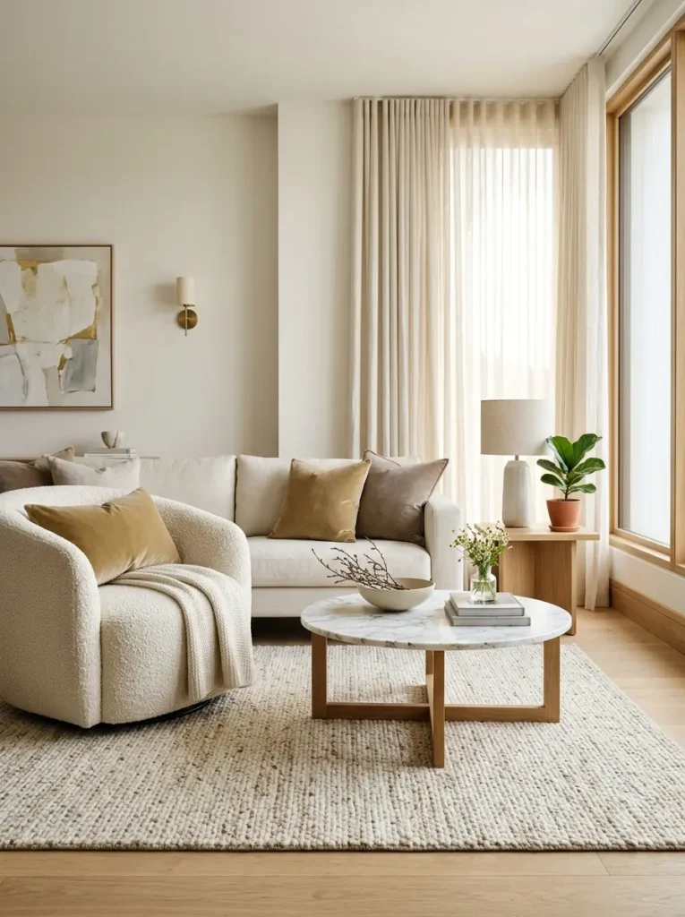 Luxury living room design ideas with boucle chair and marble coffee table