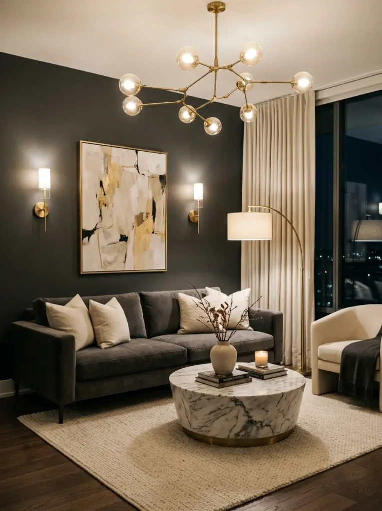 Modern luxury living room decor with statement lighting and brass accents