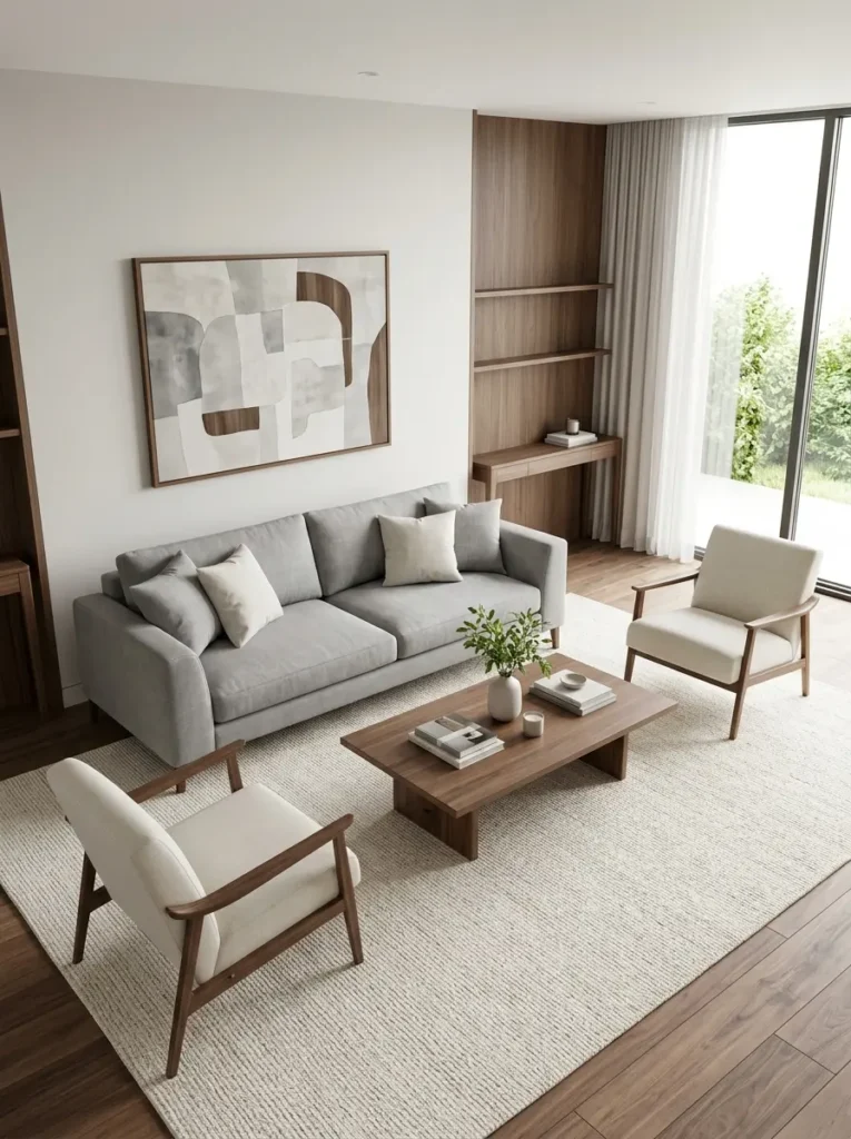 Elegant living room interior design with balanced sofa and rug layout
