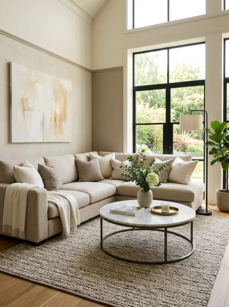 Luxury living room design ideas with neutral sofa and elegant decor