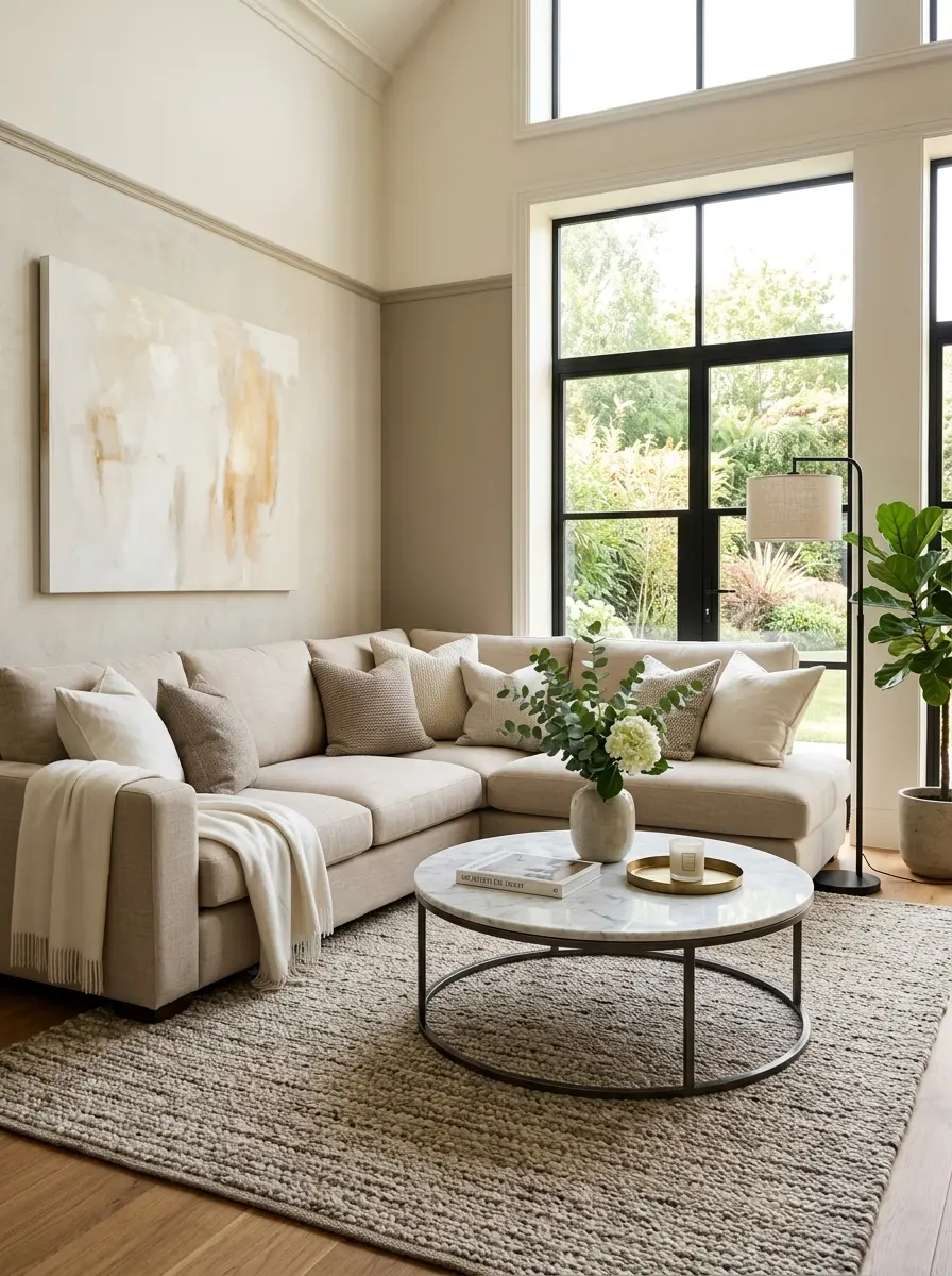 Modern luxury living room with a layered neutral base and elegant decor