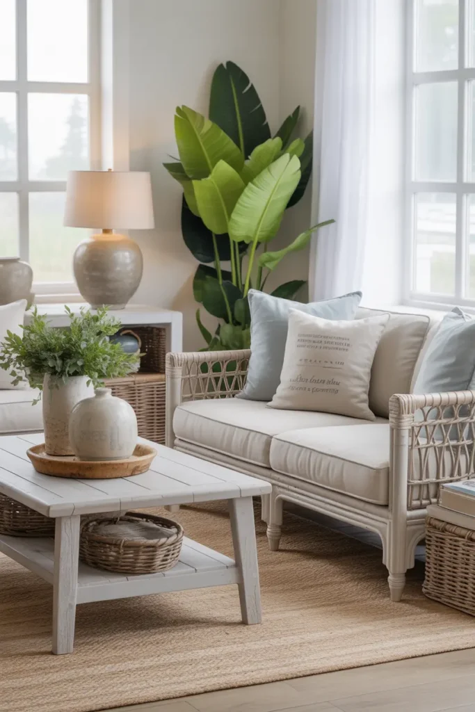 A bright coastal living room with soft morning light, driftwood gray wood furniture, beige linen seating, rattan accents, layered rugs, ceramic vases, pale blue cushions, and fresh greenery.