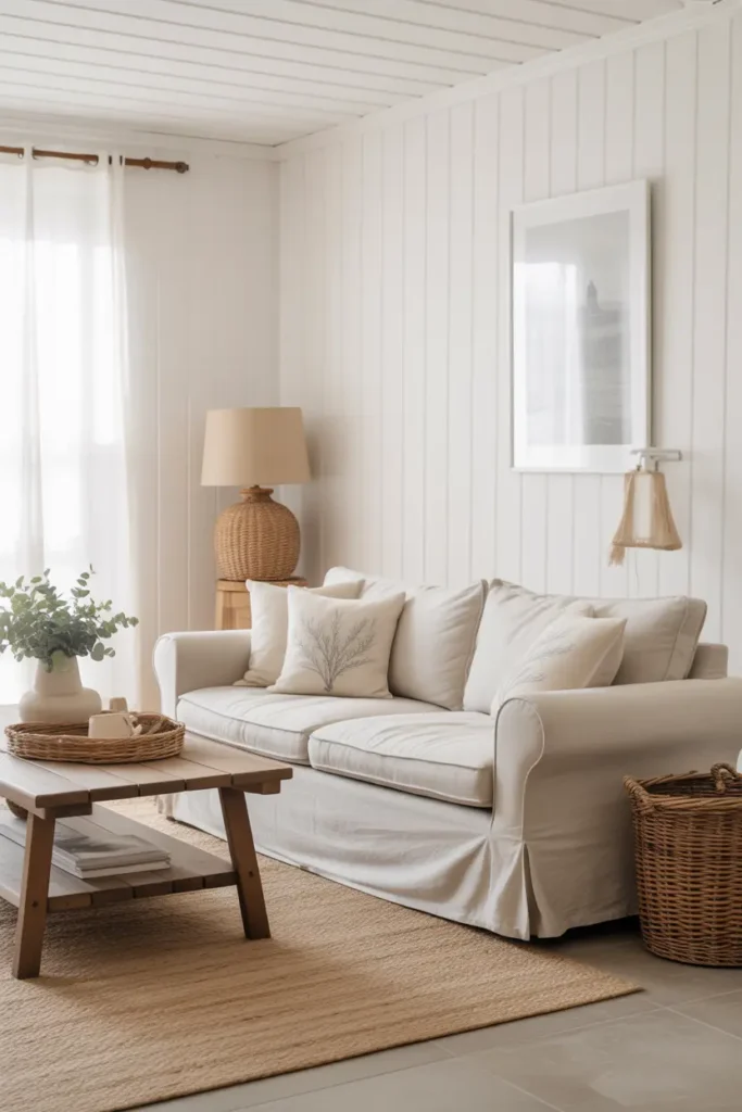A bright coastal living room with white wall paneling, linen sofa, jute rug, rustic table, woven baskets, soft pillows, and natural light.