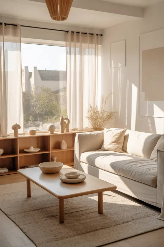 A bright living room with layered sheer curtains, morning sunlight, ivory and sand tones, linen sofa, light oak furniture, textured rug, ceramic decor, and minimal art.
