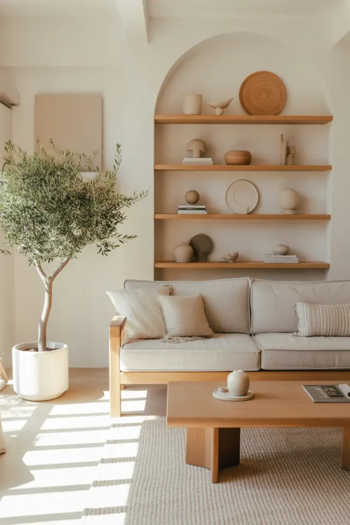 A bright organic modern living room with oak wood furniture, a linen sofa, a textured rug, ceramic decor, floating shelves, an olive tree, and soft natural morning light.