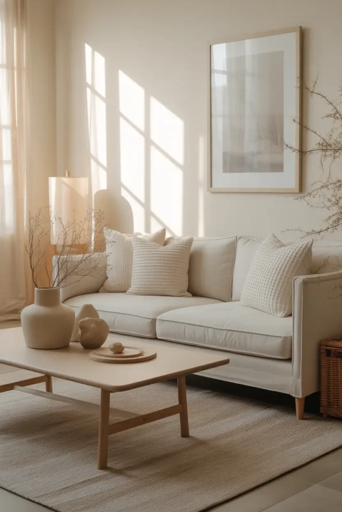A calm coastal living room with cream sofa, beige rug, pale oak table, textured pillows, dried stems, matte ceramics, and soft morning light.