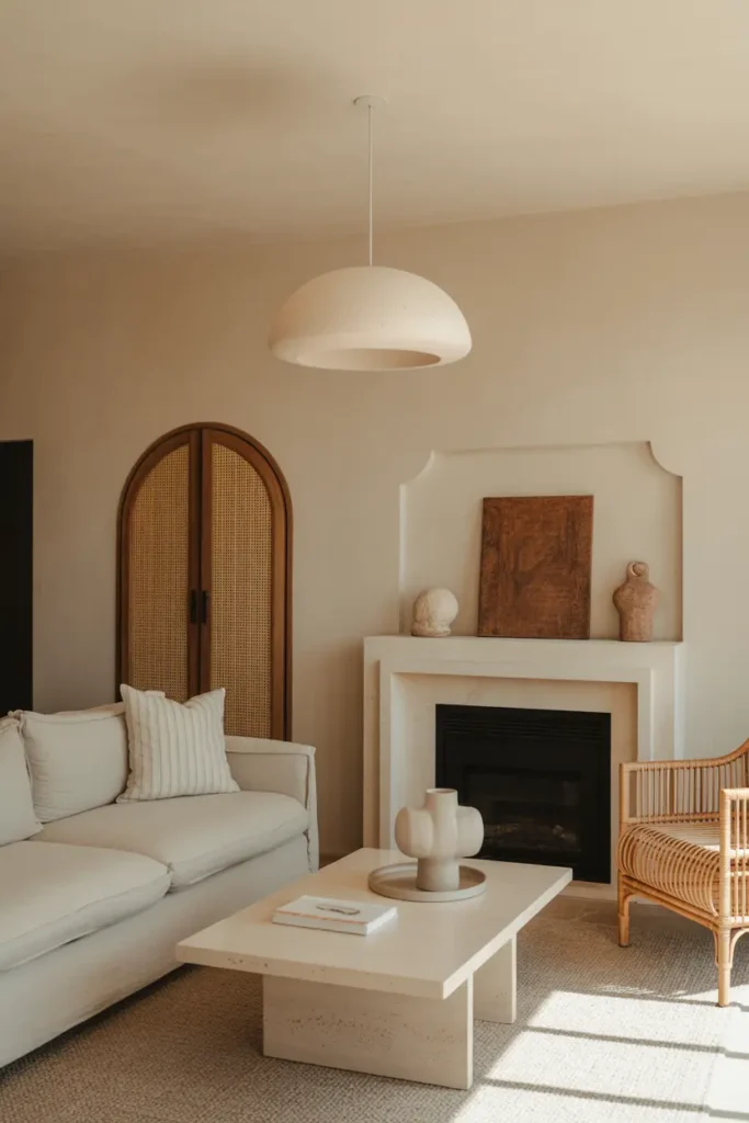 A calm living room with a linen sectional, travertine coffee table, limestone fireplace, rattan accents, ceramic decor, and soft golden light.