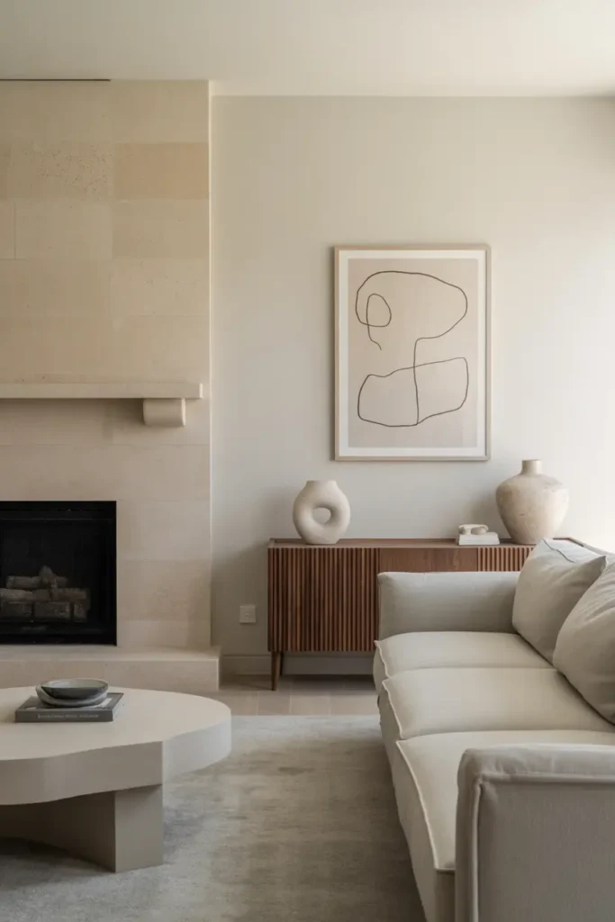A calm living room with a sleek limestone fireplace wall, low linen sofa, wood console, abstract art, ceramic vases, and soft taupe tones.