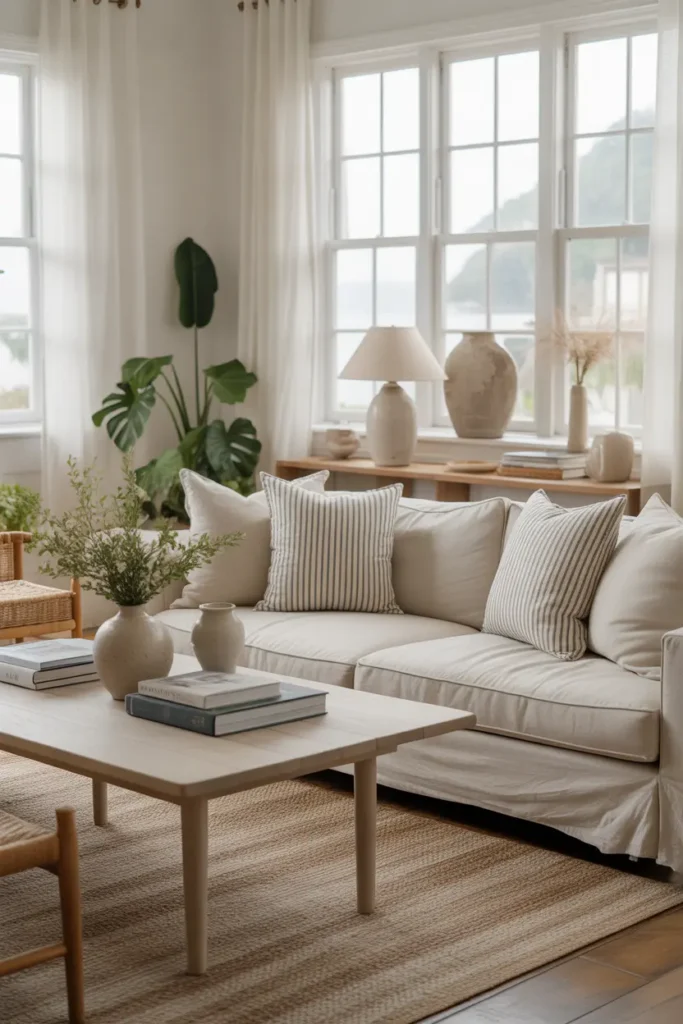 A classic coastal living room with striped pillows, linen sofa, light wood table, woven rug, ceramic vases, books, and soft daylight.