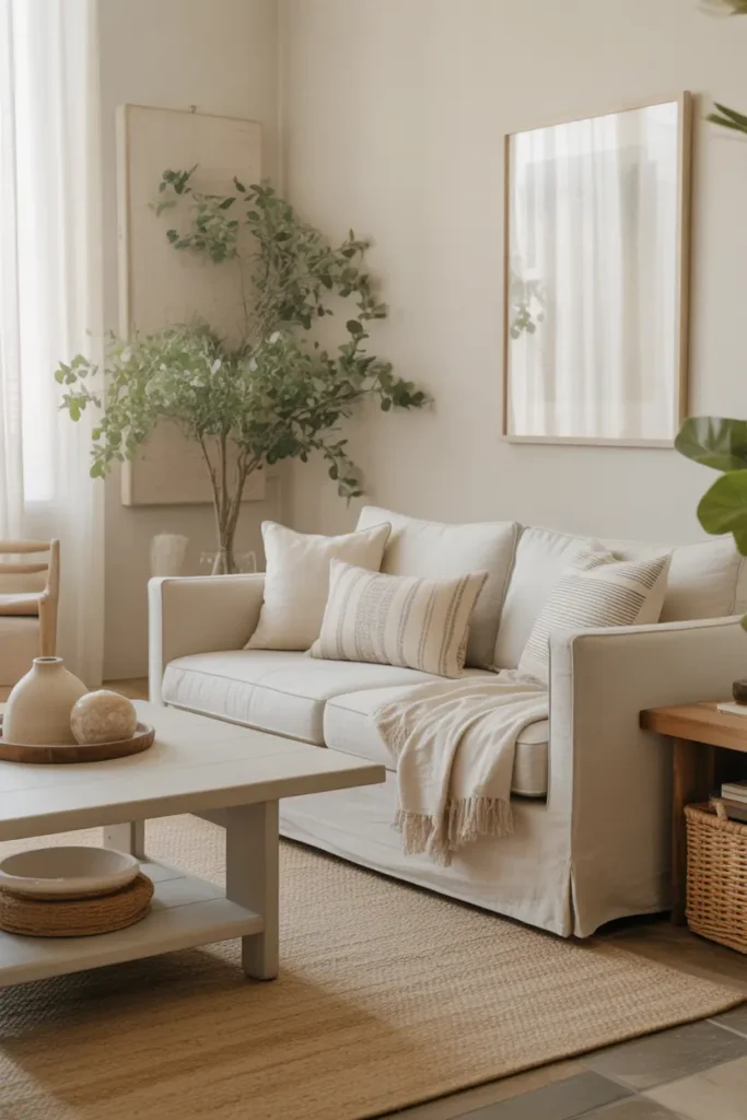 A coastal living room with neutral patterned cushions, linen sofa, light wood table, ceramic decor, woven rug, greenery, and soft daylight.