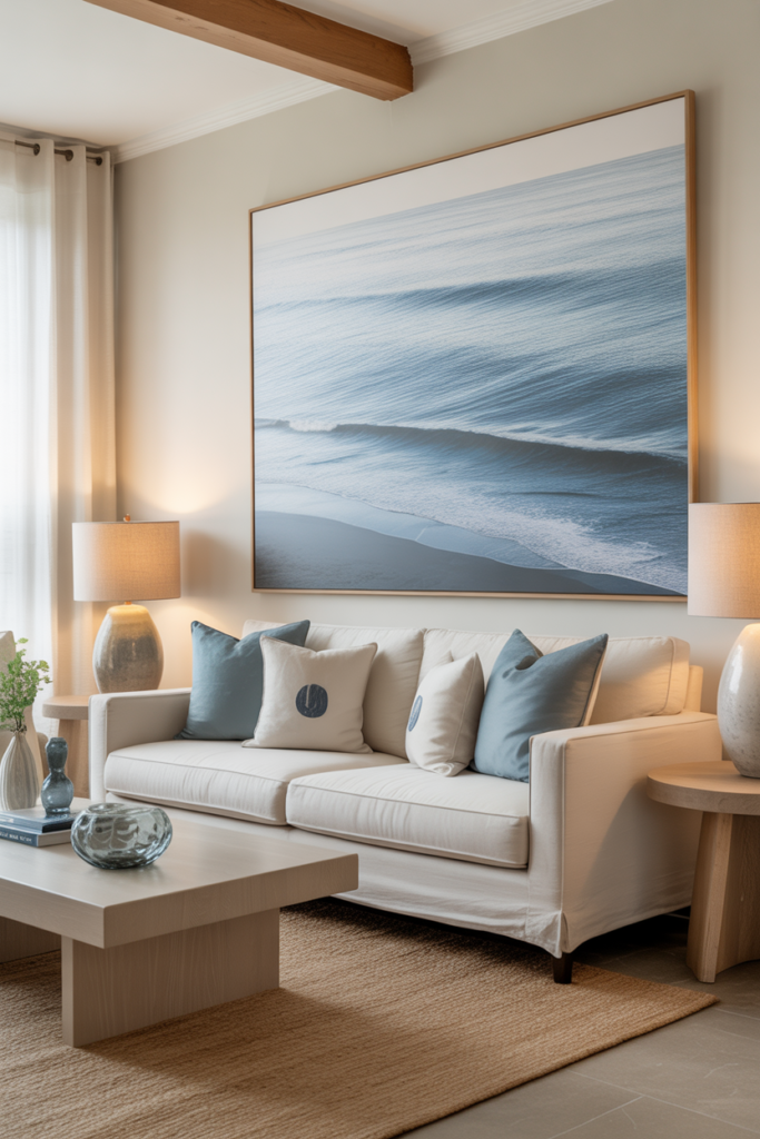 A contemporary coastal living room with oversized ocean inspired wall art, white sofa, soft blue pillows, light oak furniture, textured rug, glass decor, and ceramic lamps.