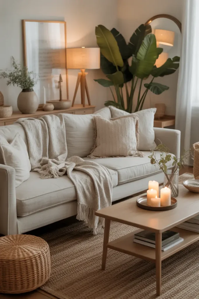 A cozy coastal living room with linen sofa, layered throws, textured pillows, woven rug, light wood table, books, candles, and soft evening light.