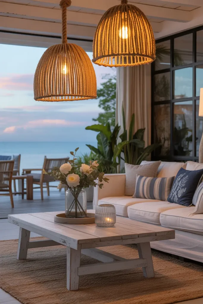 A cozy coastal living room with rope pendant lights, cream sofa, weathered wood table, woven rug, glass decor, warm evening glow, and navy accents.