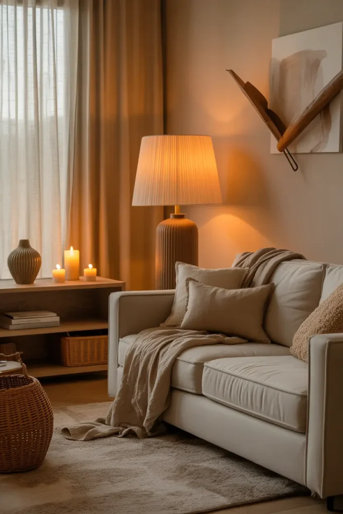 A cozy living room with warm lamps, candles, linen seating, textured curtains, wood accents, plush rug, and soft evening glow.