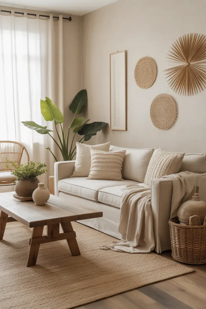 A cozy organic living room with linen seating, rattan chair, reclaimed wood table, jute rug, woven baskets, ceramic decor, leafy plants, and layered throws.