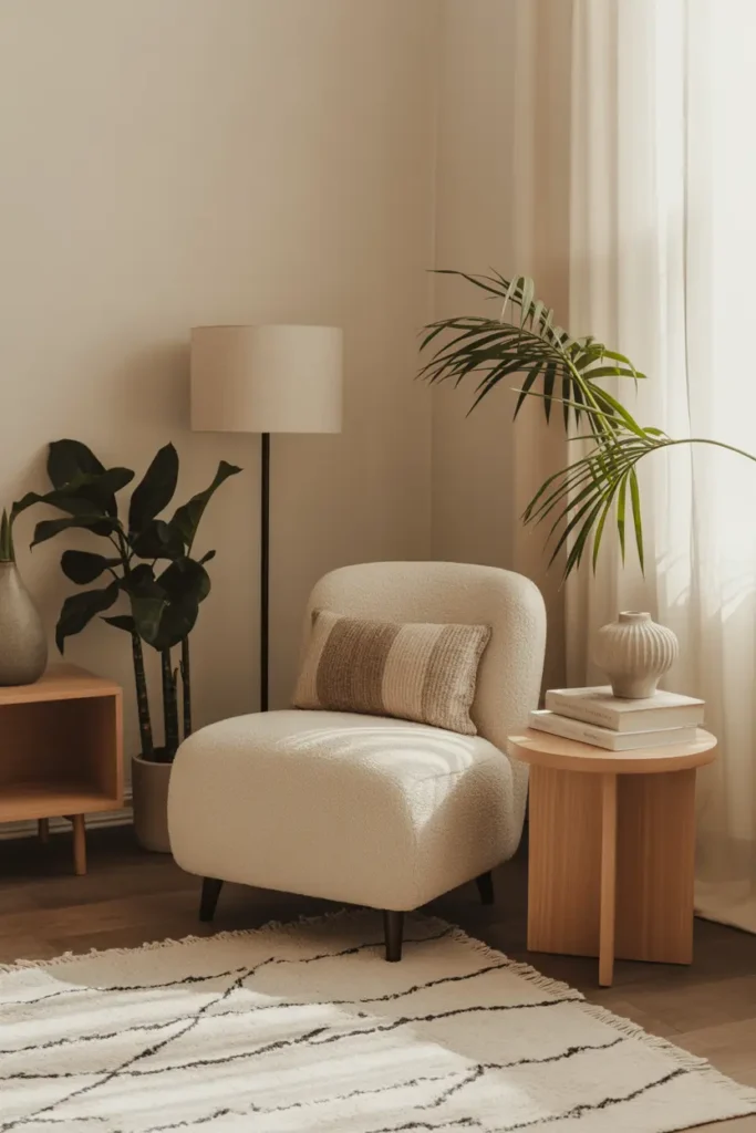 A cozy reading corner with a boucle chair, wood side table, floor lamp, soft throw, textured rug, stacked books, ceramic vase, indoor plant, and morning light.