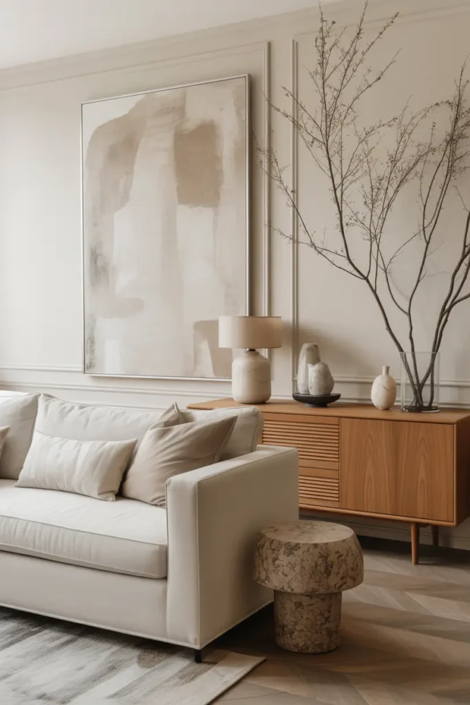 A cream and taupe living room with oversized abstract wall art, a linen sofa, oak sideboard, marble accents, ceramic decor, and tall branches.