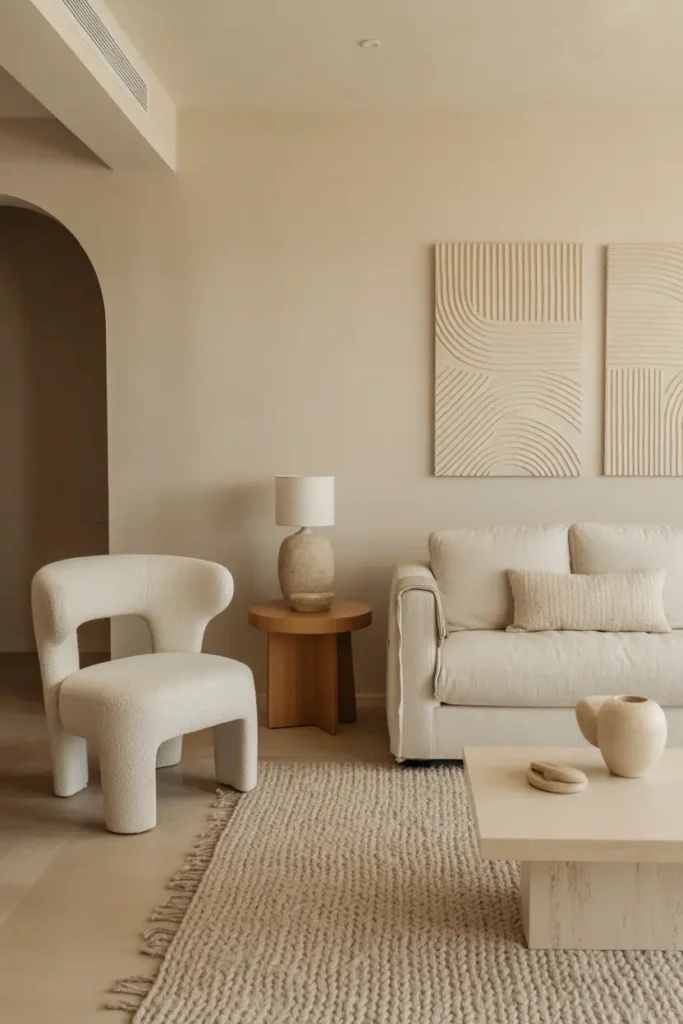 A cream organic modern room with a boucle accent chair, linen sofa, oak side table, travertine coffee table, textured rug, abstract art, and ceramic decor.