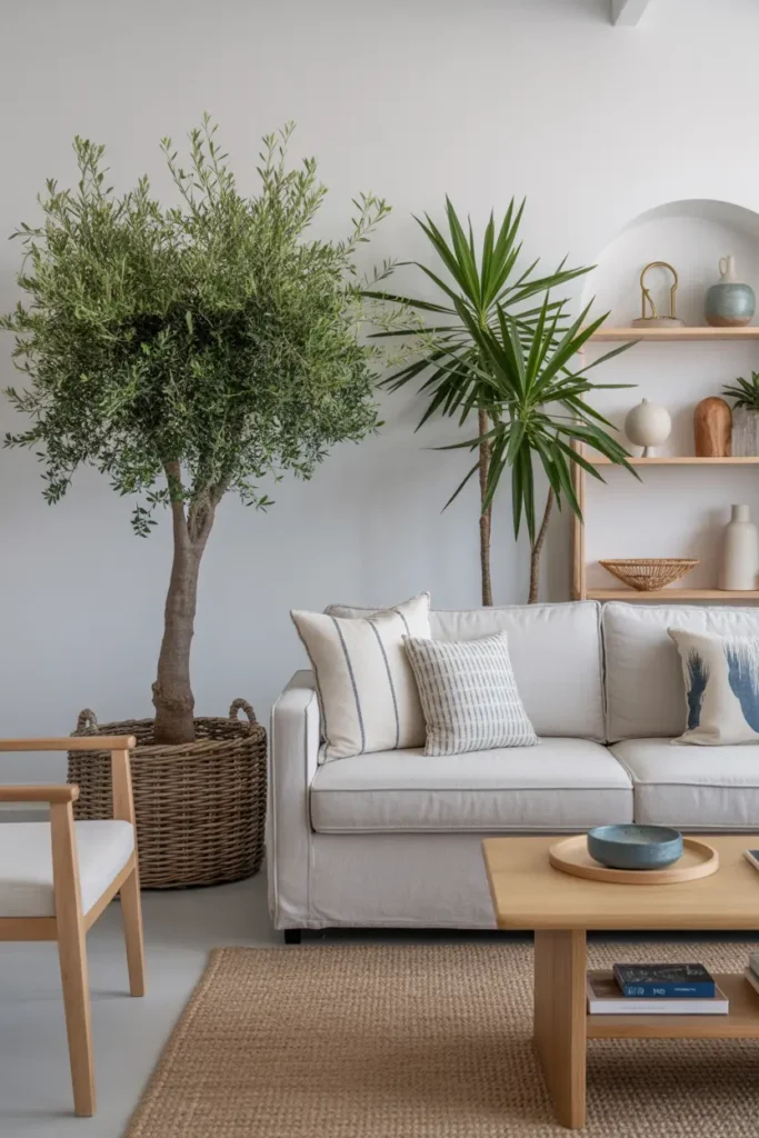 A fresh coastal living room with indoor palms, olive tree, linen sofa, woven baskets, light wood furniture, ceramic accents, and soft blue details.