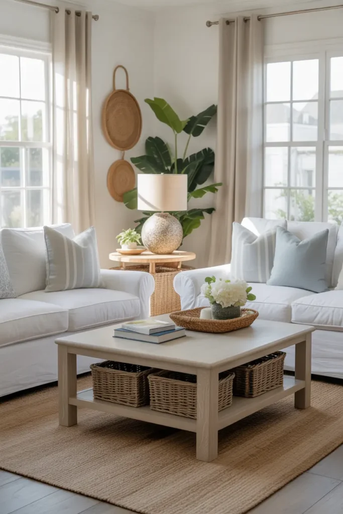 A fresh coastal living room with white linen slipcovered sofas, light oak coffee table, sheer curtains, woven baskets, jute rug, books, and soft blue pillows.