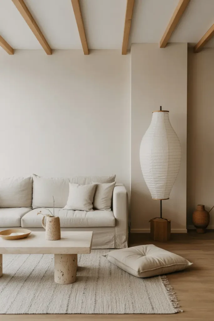 A Japandi inspired living room with a low linen sofa, floor cushion, travertine table, paper lamp, oak flooring, and a simple textured rug.