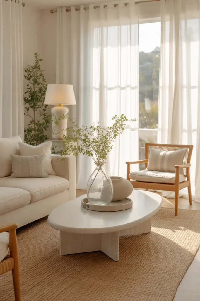 A light filled coastal living room with sheer white curtains, ivory seating, pale oak furniture, glass accents, woven rug, delicate greenery, and soft morning sunlight.