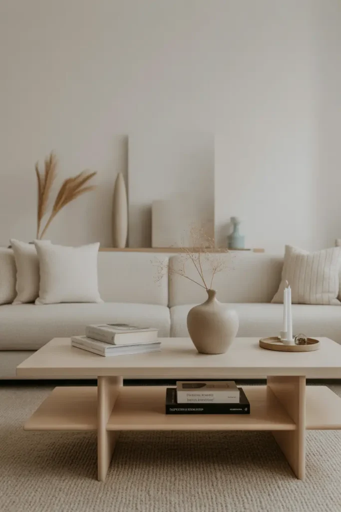 A minimalist coastal living room with a clean coffee table, books, ceramic vase, candle, small tray, beige sofa, pale wood, and soft blue accents.