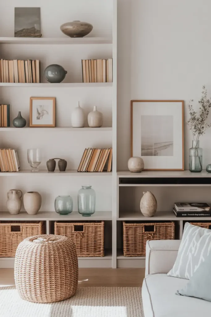 A modern coastal living room with open shelves, books, ceramics, woven baskets, glass vases, framed art, soft blue accents, and pale wood tones.
