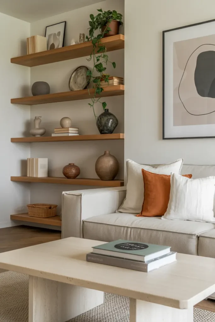 A modern organic living room with floating wood shelves, linen sofa, travertine table, ceramic vases, stacked books, trailing plant, and framed abstract art.