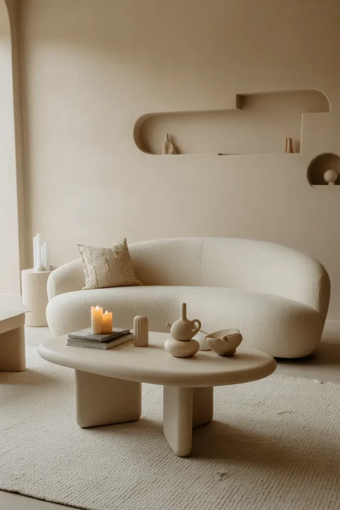 A neutral organic modern lounge with a low cream sofa, sculptural stone coffee table, textured rug, books, candles, ceramic pieces, and soft daylight.