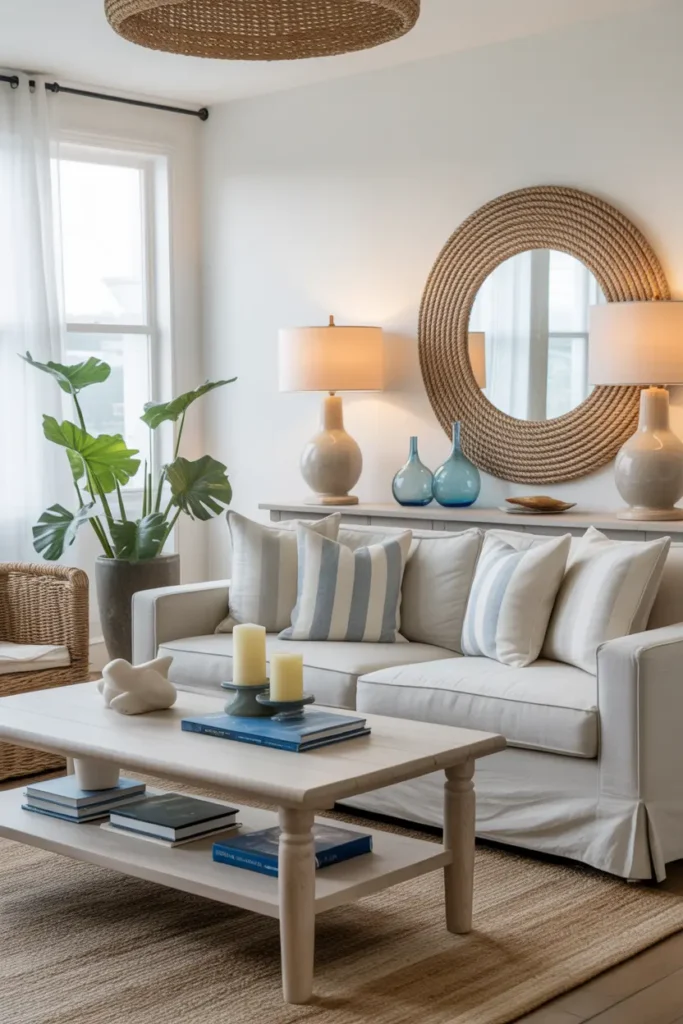 A polished coastal living room with glass lamps, rope mirror, linen sofa, light wood table, woven rug, candles, books, and sea glass blue accents.
